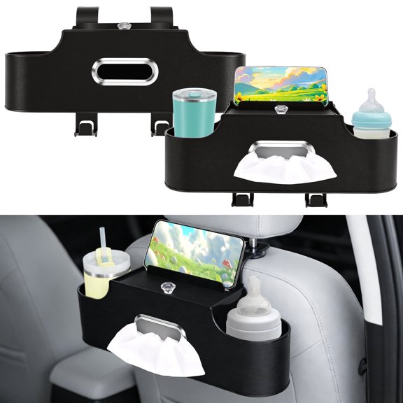 2Pcs Car Headrest Back Seat Organizer Multifunctional Vehicle Backseat Tissue Cup Holder with Hook for Most SUV MPV Pickup Truck