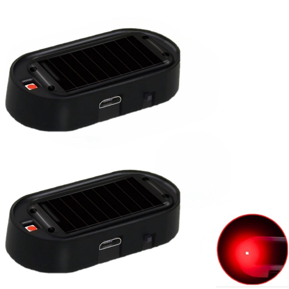 2Pcs Car Solar Power Simulated Dummy Alarm Device Anti-Theft LED Flashing Security Light Fake Lamp Automotive Warning Interior Safety Lights with USB Charger Port, Red
