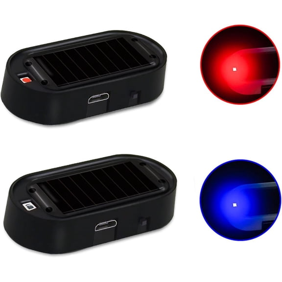2Pcs Car Solar Power Simulated Dummy Alarm Device Anti-Theft LED Flashing Security Light Fake Lamp Automotive Warning Interior Safety Lights with USB Charger Port, Red&Blue