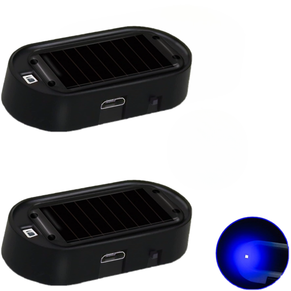 2Pcs Car Solar Power Simulated Dummy Alarm Device Anti-Theft LED Flashing Security Light Fake Lamp Automotive Warning Interior Safety Lights with USB Charger Port, Blue