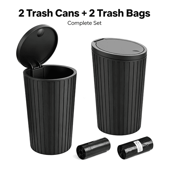 Damkogic 2Pcs Vehicle Trash Can with Lid, Leak Proof ABS Cup Holder Bin, Universal Fit for Sedans, SUVs, Trucks, Includes 2 Rolls Trash Bags, One-Hand Operation for Home & Office