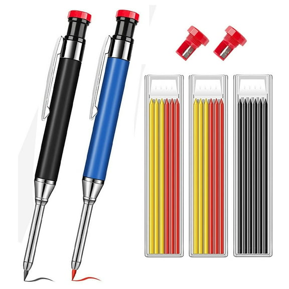 2Pcs Carpenter Pencil with Sharpener, Mechanical Pencils Set with 18 Refills, Long Nosed Deep Hole Marker for Construction, Heavy Duty Woodworking Pencils for Architect, Marking Tools, Drawing Scriber
