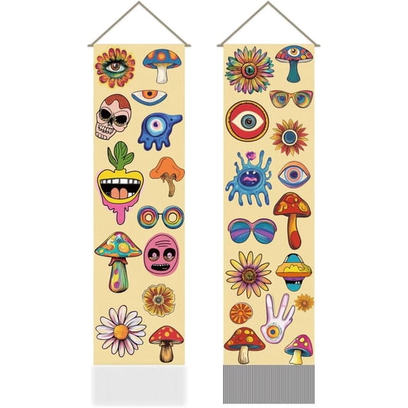 2Pcs Cartoon Tapestry Boho Eye Mushroom Daisy Vertical Wall Hanging Retro Vintage Tassel Wall Aesthetic Tapestry for the Living Room Wall Art Wall Decor(45.7x13 Inch) Colorful