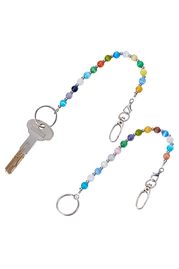 2Pcs Cat Eye Beads Keychain with Iron Swivel Snap Hooks Clasps and Ring Mixed Color 280mm