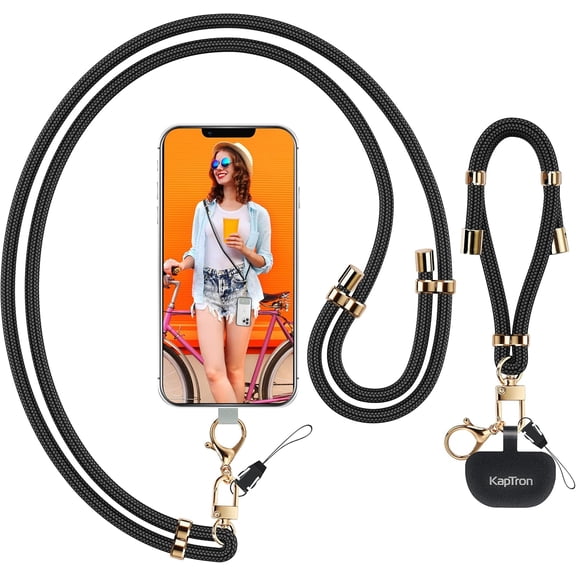 2Pcs Cell Phone Lanyard: Universal Adjustable Crossbody Phone Strap and Wrist Strap, with 2 Lobster Clips and 2 Tether Patches, Compatible with Most iPhone and Android Smartphones (Black/Gold)