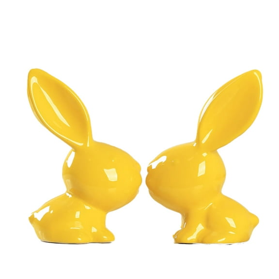 2Pcs Ceramic Bunnies Easter Bunny Figurine Ornaments Ceramic Rabbit Egg Crafts for Home Decor and Seasonal Decoration，Yellow