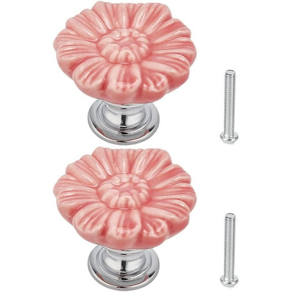 2Pcs Ceramic Drawer Knobs 33x28mm Pink Flower Cabinet Knobs with Alloy Findings and Screws Cabinet Pulls Handles for Kitchen Cupboard Bathroom Door Drawer Hardware