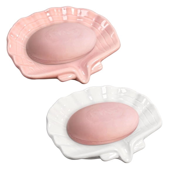 2 Pack Ceramic Seashell Soap Dishes, Decorative Soap Dishes for Bathroom & Shower - Self-Draining, Non-Slip | Doubles as Jewelry Holder (White & Pink)