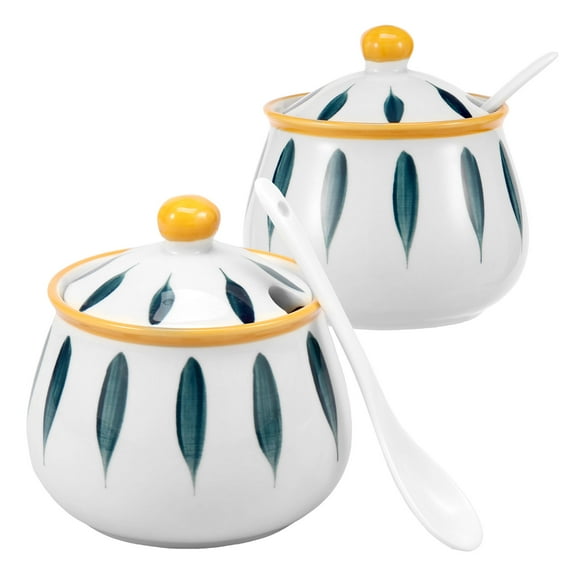 2Pcs Ceramic Sugar Bowl with Lid and Spoon 350ml Decorative Ceramic Spice Jars Condiment Pots for Sugar Salt Pepper