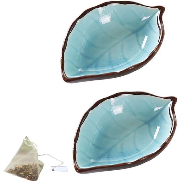 2Pcs Ceramic Tea Bag Coasters, 4.33" Ice Crack Glaze Tea Bag Rest Dish, Leaf Pattern Porcelain Tea Bag Holder Plates