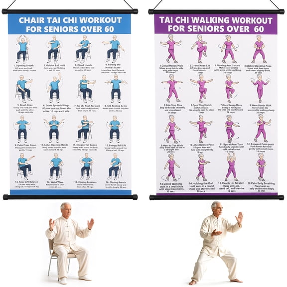 2Pcs Chair Tai Chi & Yoga Workout Chart for Seniors Chair Yoga Wall Chart16 Poses for Seniors & Beginners Fabric Poster with Hanging Rod & RopeFoldable, and Easy to Display in Home or Office