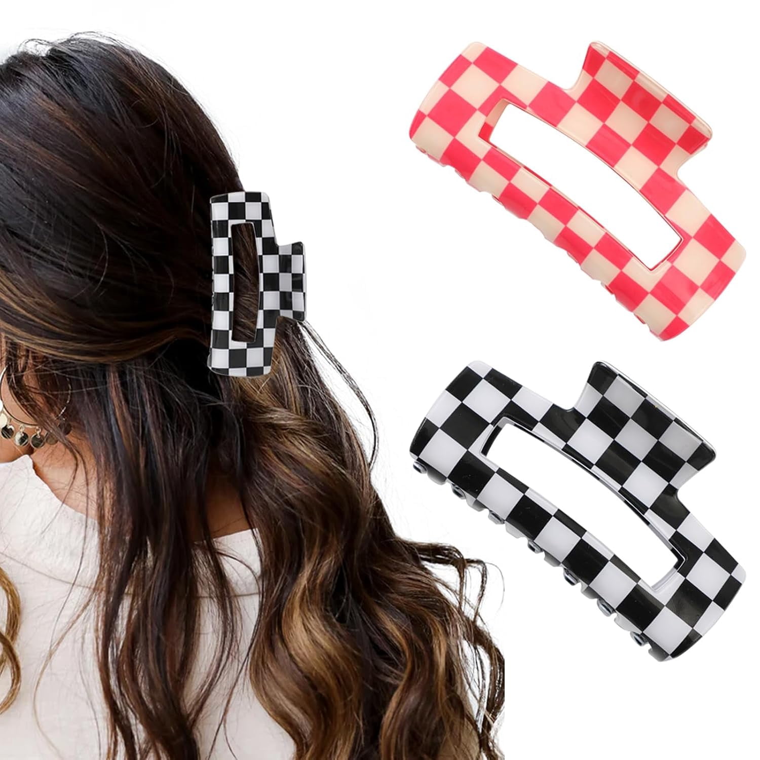2Pcs Checkered Rectangle Multicolored Claw Barrettes 