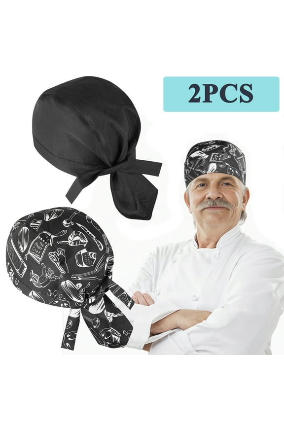 2Pcs Chef Hat, Kitchen Baker Cooking Cap, Breathable Chef Skull Hats, Catering Adjustable Ribbon Turban Cap for Men and Women, Black