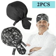 2Pcs Chef Hat, Kitchen Baker Cooking Cap, Breathable Chef Skull Hats, Catering Adjustable Ribbon Turban Cap for Men and Women, Black