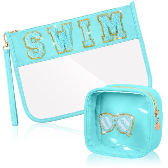 2Pcs Chenille Letter Bags Preppy Patch Makeup Bag,Clear PVC Organizer Waterproof