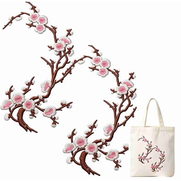 2Pcs Cherry Blossom Iron On Patches, Large Floral Embroidery Applique Patches for Clothing, Jackets, Jeans, Bags, DIY Decor Repair(Pink)