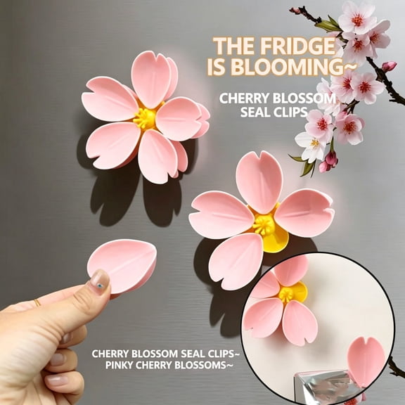 2Pcs Cherry Blossom Magnetic Sealing Clips Flower Shaped Bag Clips for Tea Coffee Pantry Storage Kitchen Office, Reusable Snack Sealer for Chip Bags, Cute Kitchen Magnets for Organization