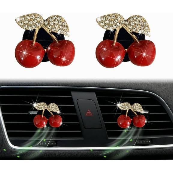 2Pcs Cherry Car Air Vent Freshener Perfume Clip, Rhinestone Air Outlet Fragrance Perfume Clip Freshener, Car DecorCherry Flavour