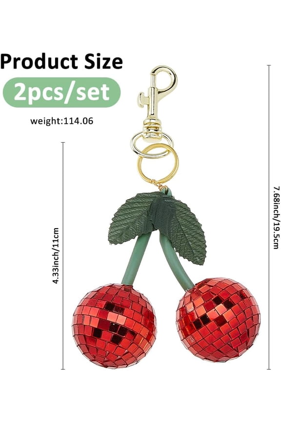 2Pcs Cherry Keychains Cherry Bag Charm Disco Ball Cute Keychain Red Fruit Keyring Sparkling Hanging Pendant Charm for Women Bags Purse Car DIY Ornament
