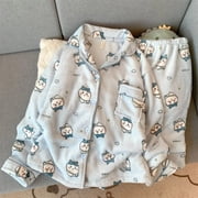 2Pcs Chiikawa Plush Pajamas Set Cartoon Hachiware Thickened Home Clothes Cute Women Winter Kawaii Flannel Warm Nightwear