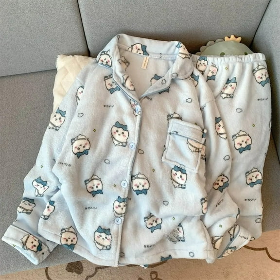 2Pcs Chiikawa Plush Pajamas Set Cartoon Hachiware Thickened Home Clothes Cute Women Winter Kawaii Flannel Warm Nightwear