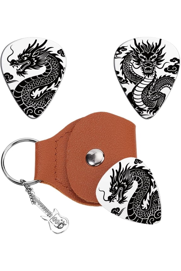 2Pcs Chinese Dragon Guitars Picks Gifts Oriental Elements Stainless Steel Keychain Guitar Pick with Brown PU Leather Plectrum