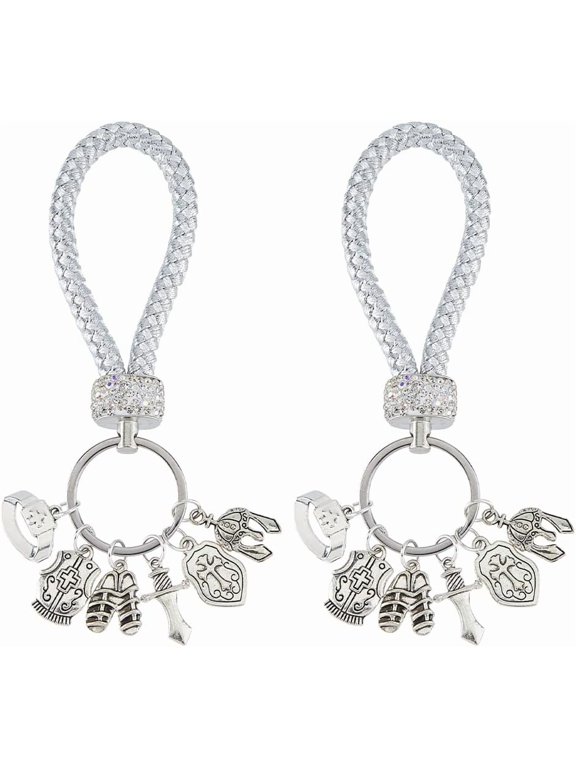 2Pcs Christian Armor of God Keychain Silver Keychain Armor Cap Warrior Theme Charm with Keyring and Leather Top