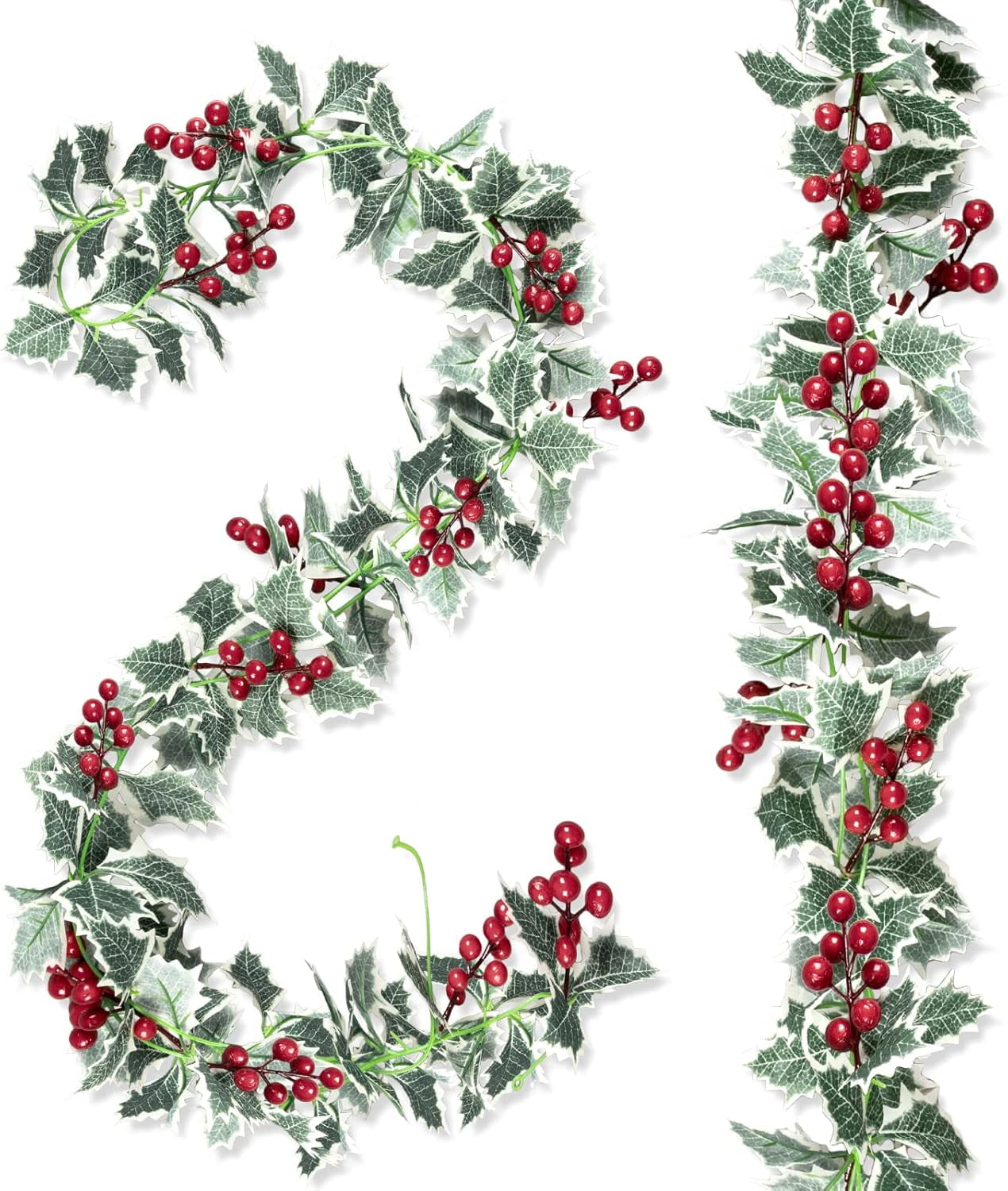 2Pcs Christmas Artificial Garland, Xmas Berry Holly Leaves Garland Christmas Faux Greenery Garland Winter Snowy Red Berries Hanging Vine for Christmas Wedding Party Decoration, Total Length 13.12FT