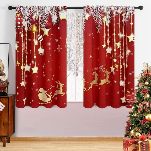 2Pcs Christmas Blackout Curtains, Christmas Window Curtains for Livingroom String of Stars Red Bedroom Curtain Room Darkening Curtains for Winter