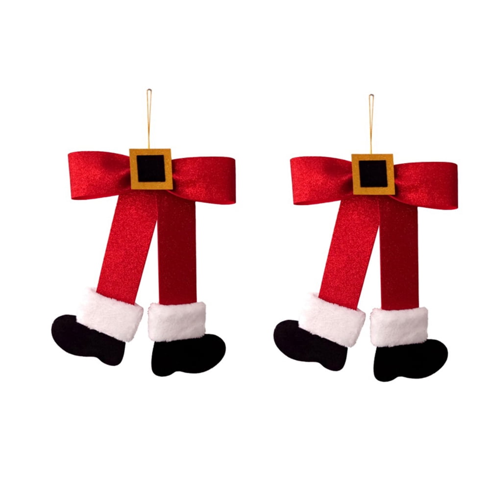 2Pcs Christmas Bow Pendant with Santa Claus Leg Design Christmas Tree Door Windows Hanging