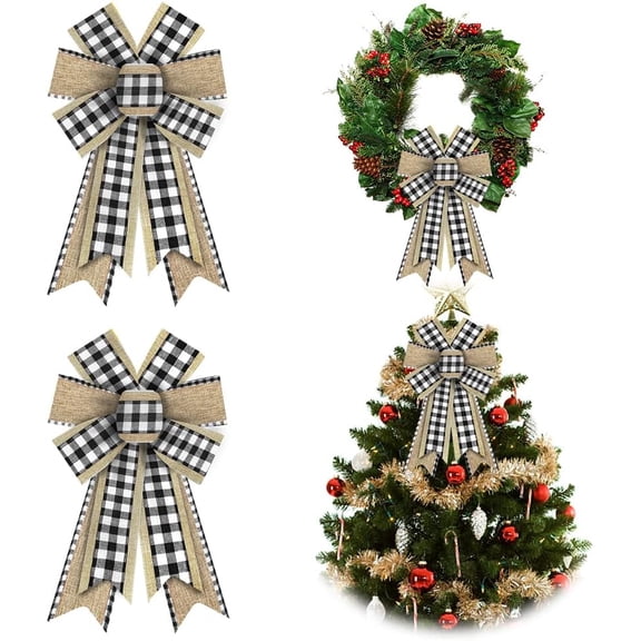 2Pcs Christmas Bows for Wreaths, Christmas Wreath Bows, Red Buffalo Plaid Bows, Let It Snow Bows for Front Door, Christmas Decor, Burlap Bows for Wreath Indoor Outdoor Wall Decorations