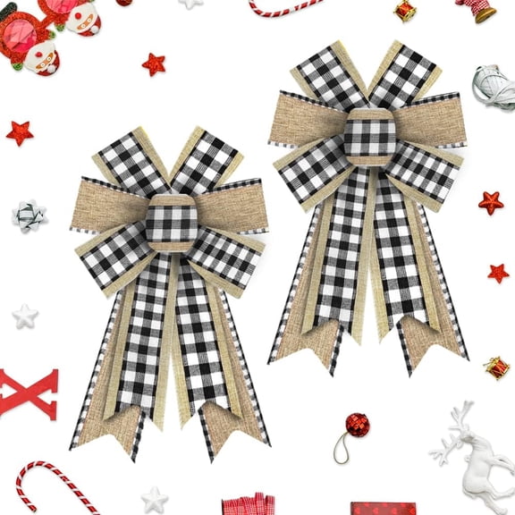 2Pcs Christmas Bows for Wreaths,Christmas Wreath Bows,White Black Buffalo Plaid Bow8.4x12"