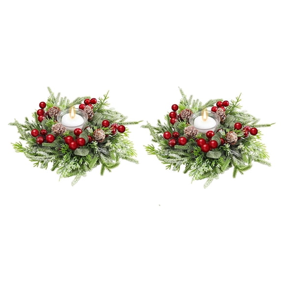 2Pcs Christmas Candle Rings Wreath Norfolk Pine Garland Red Berry Pinecones Wreaths Artificial Berries Snowy Pine Garland Candle Ring Holder for Christmas Wedding Home Table Centerpiece