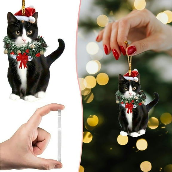 2Pcs Christmas Cat Ornament,Animal Cute Cat 2D Flat Acrylic Christmas Tree Ornaments with Rope,Cute Cat Christmas Hanging Pendant,Cat Lovers Gift for Car Home Holiday Christmas Party Decor,E*2