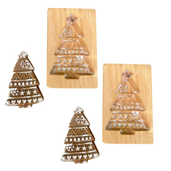 2Pcs Christmas Cookie Mold, Wooden Tree Shape Embossing Stamp For Biscuit Fondant Soap Cake Decorating Baking Tool New