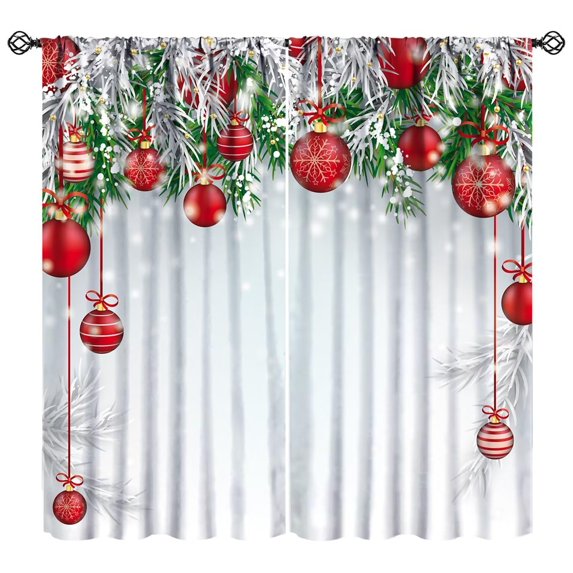 2Pcs Christmas Curtains, Blue Christmas Background with Branches Ribbons Snowflakes Xmas Theme Blackout Rod Pocket Window Drapes for Living Room Bedroom Kitchen Party Decor