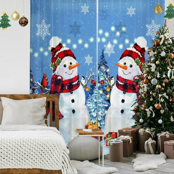 2Pcs Christmas Curtains for Living Room, Christmas Snowman Curtains for Kitchen, Window Drapes, Winter Curtain for Bedroom, Blue Xmas Snowman Decorations for Home Room Window