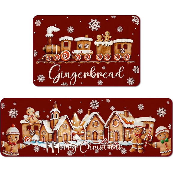 2Pcs Christmas Kitchen Rugs,Red Gingerbread Mats for Floor,Christmas Kitchen Mat for Winter Indoor Outdoor Home Apartment Entryway Bathroom Bathroom Decor,17x30 and 17 x47in
