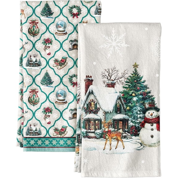 2Pcs Christmas Kitchen Towels Decorative Xmas Theme Cute Xmas Tree Dish Towel Absorbent Kitchen Dish Cloth Hand Tea Towels for Cleaning Drying Holiday Gifting, 16x24in