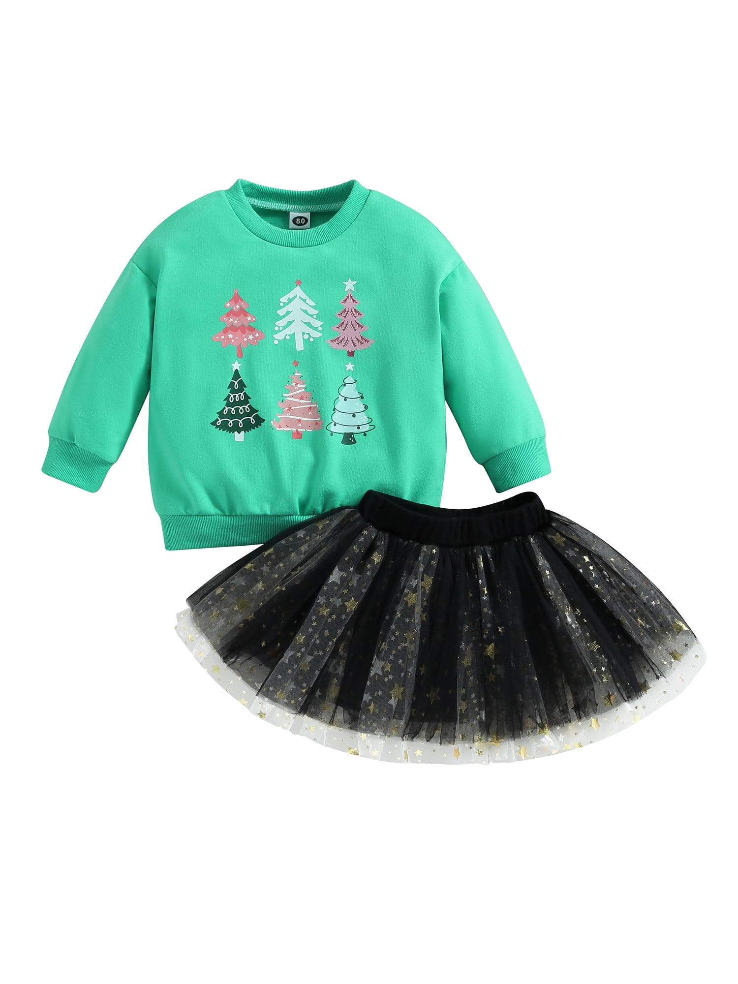 2Pcs Christmas Outfits Long Sleeve Tree Print Sweatshirt + Tutu Skirt