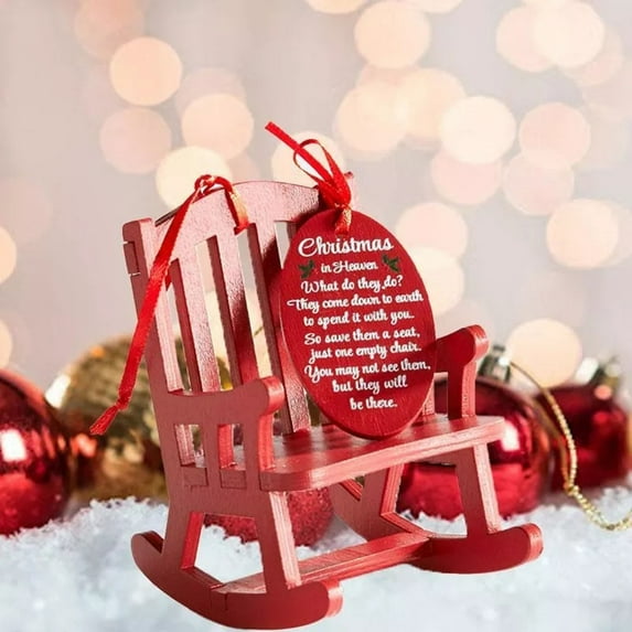 2Pcs Christmas Red Mini Wooden Rocking Chair Memorial Ornament with Hangtag and Storage Bag, Perfect for Christmas Tree Decorations and Pendants, Memorial Chair for Cherished Memories