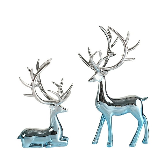 2Pcs Christmas Reindeer Figurines Decorations Resin Sitting Standing Deer Statues Elk Figurine for Home Table Decor Wine Cabinet (Gradient Blue)