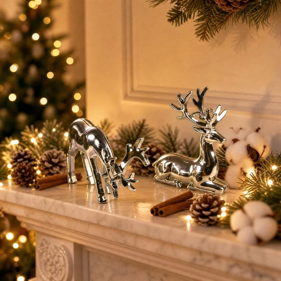2Pcs Christmas Reindeer Figurines,Silver Electroplated Standing Laying Deer Set for Christmas Decorations Home Tabletop