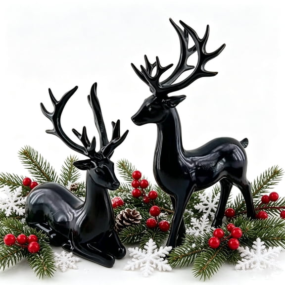 2Pcs Christmas Resin Elk Figurines Deer Wine Cabinet Ornaments Lucky- Sitting and Standing Deer Statues Black Resin Elk Ornaments,Christmas Desktop Decors Christmas New Year Gift (Black)