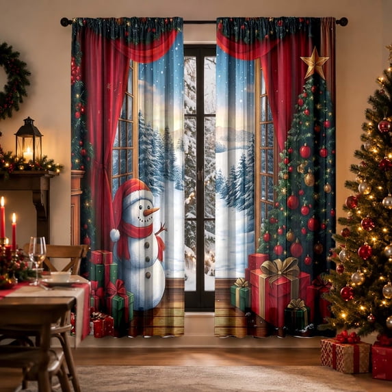 2Pcs Christmas Sheer Curtains Winter Holiday Printed Window Curtain Rod Pocket Light Filtering Curtain Panels For Living Room Bedroom(Snowman-29.53"×65.35")