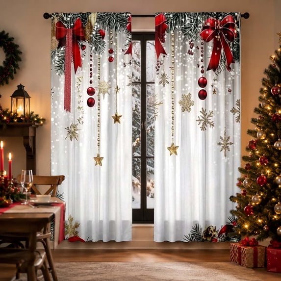 2Pcs Christmas Sheer Curtains Winter Holiday Printed Window Curtain Rod Pocket Light Filtering Curtain Panels For Living Room Bedroom(White-29.53"×65.35")