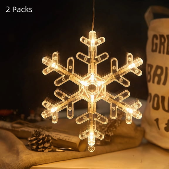 2Pcs Christmas Snowflake Window LED Hanging Lights with Suction Cup, Battery Operated, Indoor Outdoor Xmas Tree Fireplace Home Party Decor