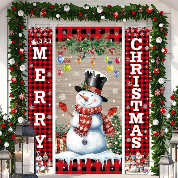 2Pcs Christmas Snowman Door Cover Blue Let It Snow Winter Welcome Christmas Porch Banner Xmas Festival Holiday Backdrop Door Hanging Covers for Outdoor Indoor Classroom Home Kitchen Decor