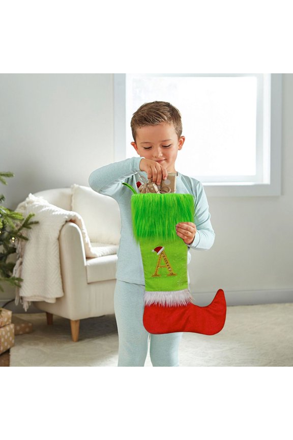 2Pcs Christmas Socks Gifts Bags, 20" Funny Letter Green Elf Christmas Decorations, Embroidered Letter Knitted Christmas Socks Pendants, Christmas Gifts Socks for Boys Girls