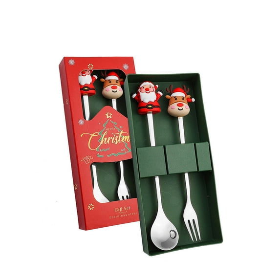 2Pcs Christmas-Themed Dessert Utensils Set - Cute Christmas Elements Forks and Spoons, Perfect for Festive Gatherings Great Gift for Friends and Family Come With A Gift Box